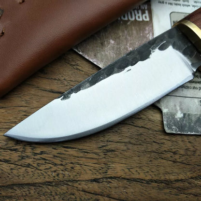 Outdoor survival knife with 8cm stainless steel blade and mahogany handle