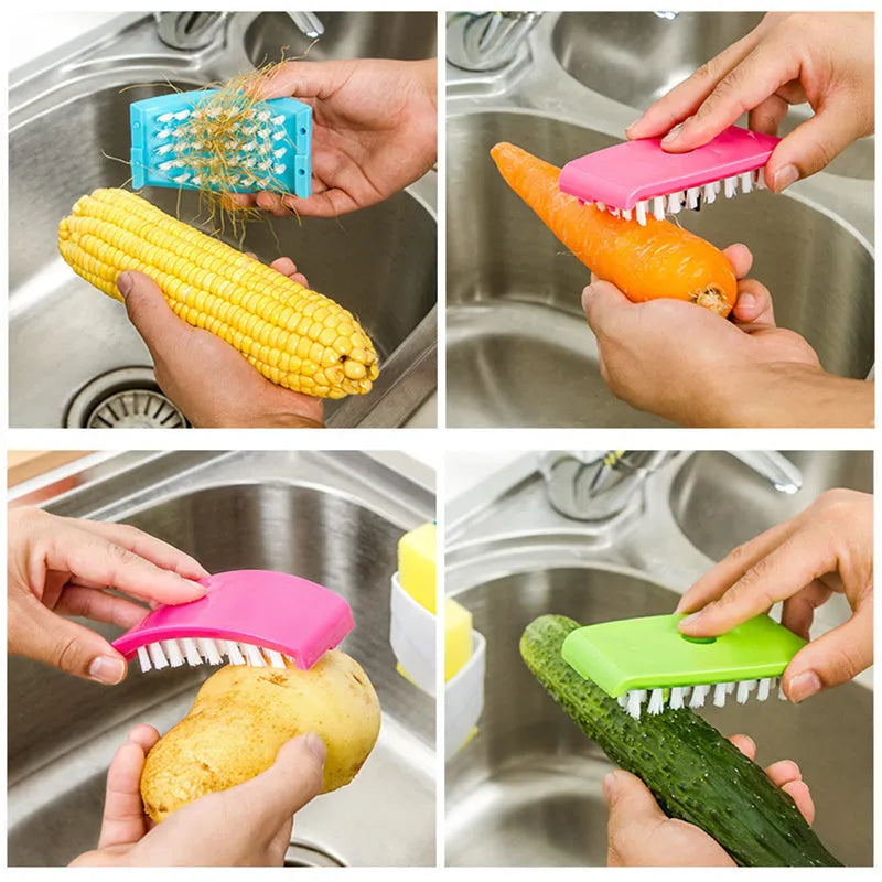 Blue kitchen brush with utensil slots and suction cup for fruit and vegetable cleaning