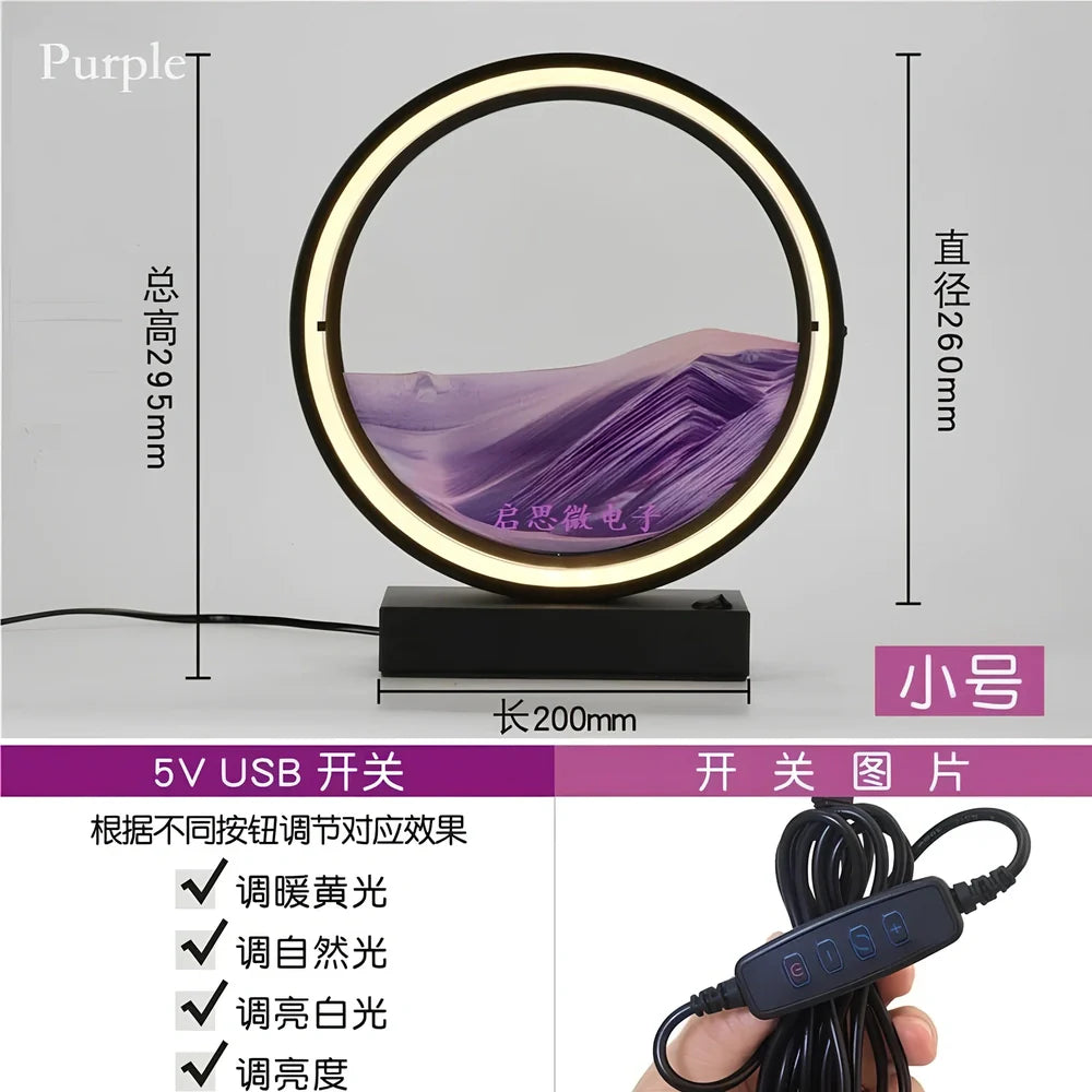 Black and white quicksand table lamp, 295mm tall with LED lights and remote control, coloured sand in glass chamber