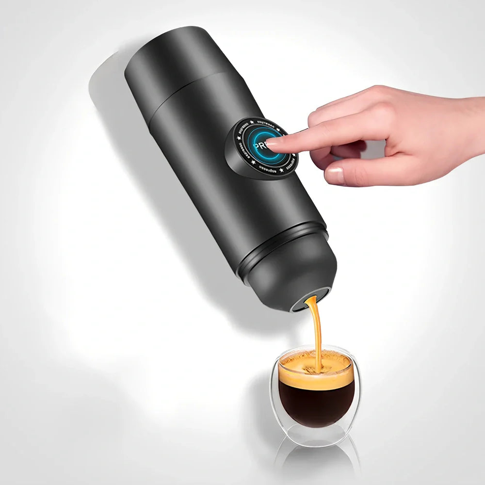 Mini portable espresso maker with rechargeable battery showing 18-bar pressure system and 80ml water tank