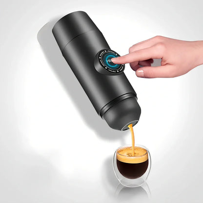 Mini portable espresso maker with rechargeable battery showing 18-bar pressure system and 80ml water tank