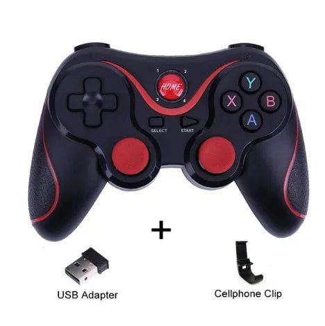 Upgraded X3 Bluetooth wireless game controller with mobile phone clip attached, showing textured grips and button layout