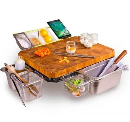 Bamboo cutting board with plastic storage trays for meal prep and organization