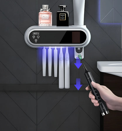 Smart UV toothbrush steriliser showing 233mm chamber and USB charging port with fireproof ABS housing