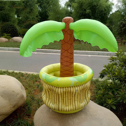 Green inflatable palm tree shaped cooler with coconut details holding beer bottles and ice