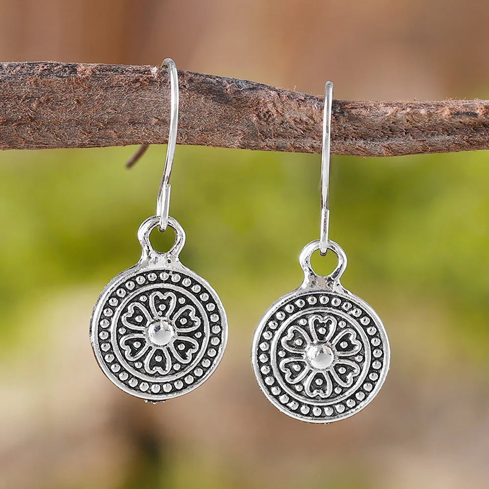 Geometric zinc alloy earrings with distressed ethnic print in retro bohemian style