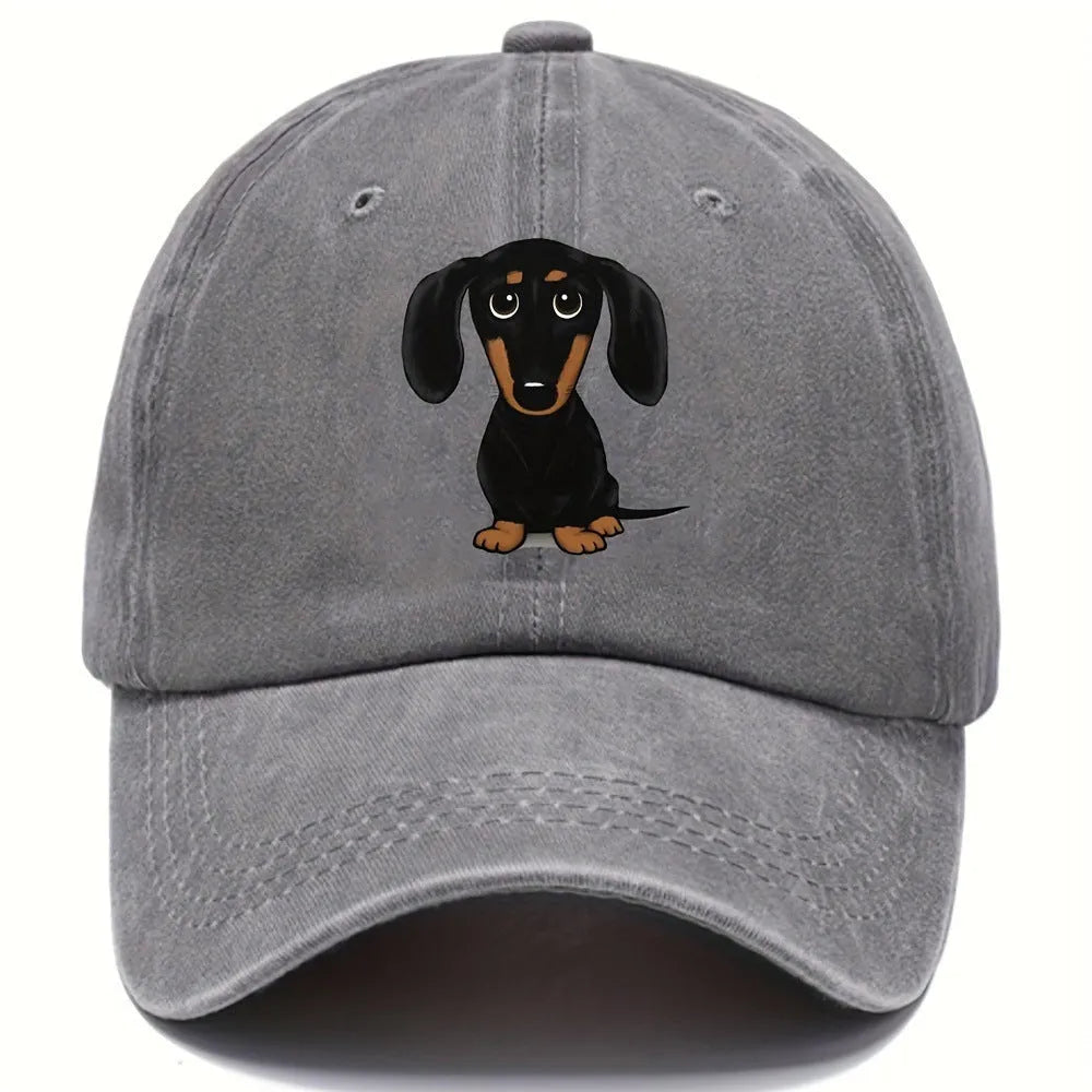 Retro washed cotton baseball cap with Dachshund embroidery, dome crown, and adjustable size tab.