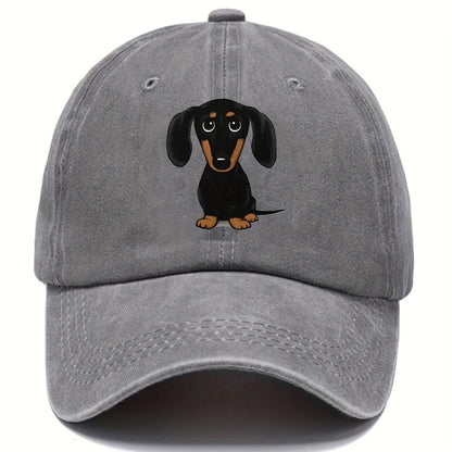 Retro washed cotton baseball cap with Dachshund embroidery, dome crown, and adjustable size tab.