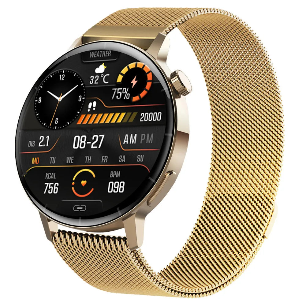 F67S blood glucose smart watch with leather strap showing health monitoring display