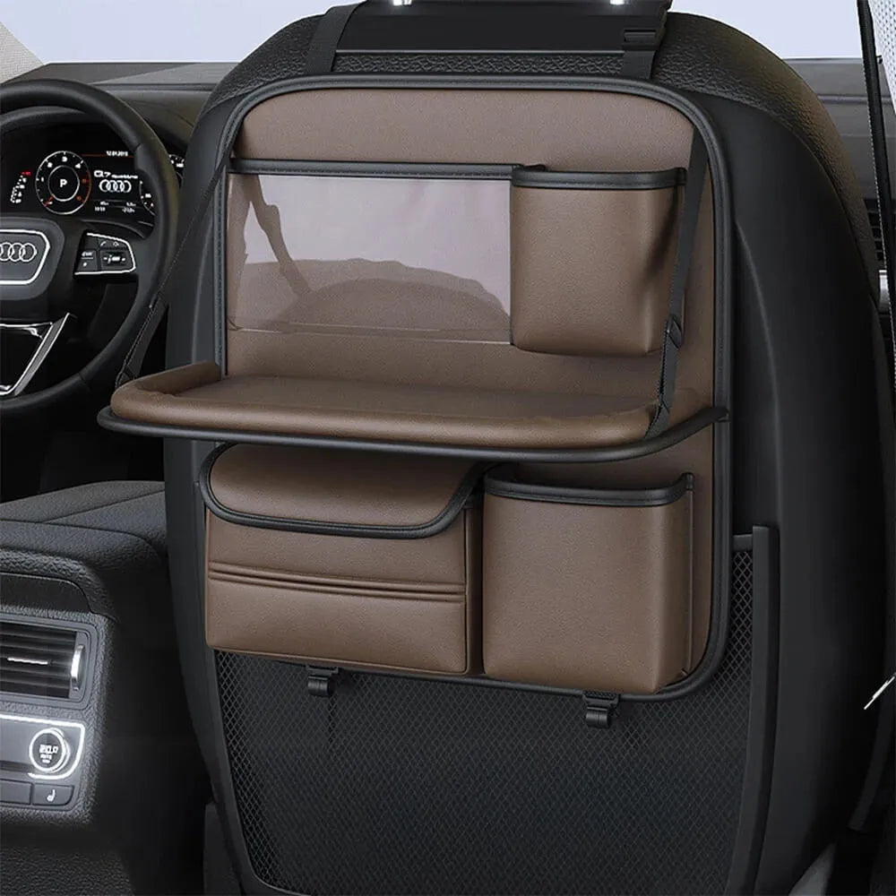 Leather car seat lazyback storage bag with foldable dining table, waterproof, 1.2kg, 48 x 25 x 6cm, in four colours.