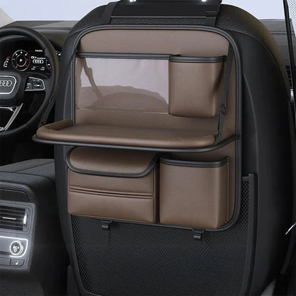 Leather car seat lazyback storage bag with foldable dining table, waterproof, 1.2kg, 48 x 25 x 6cm, in four colours.