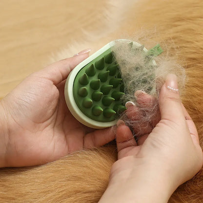 Handheld silicone pet hair remover and massage brush in blue, for use on dogs and cats during bathing.