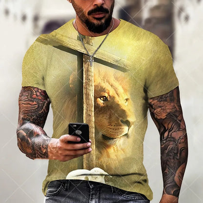Man wearing a grey T-shirt with a raised 3D printed Jesus design on the chest.