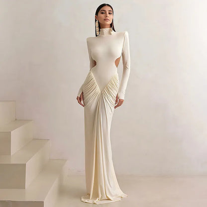 Women's long sleeve high collar slim fit dress with pleated backless design in light apricot colour