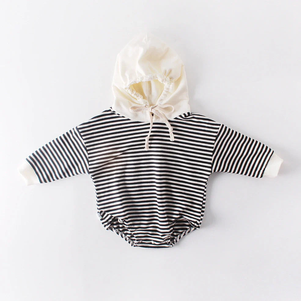 Striped baby climbing suit with hood and triangle design for crawling