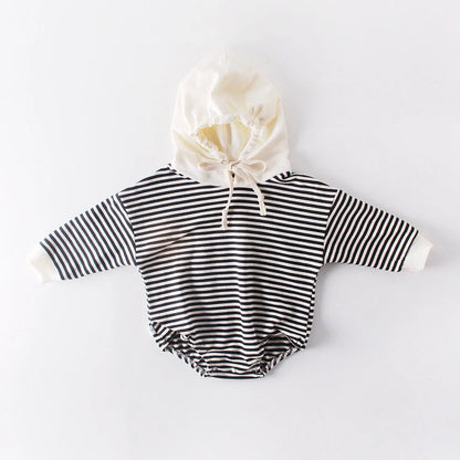 Striped baby climbing suit with hood and triangle design for crawling