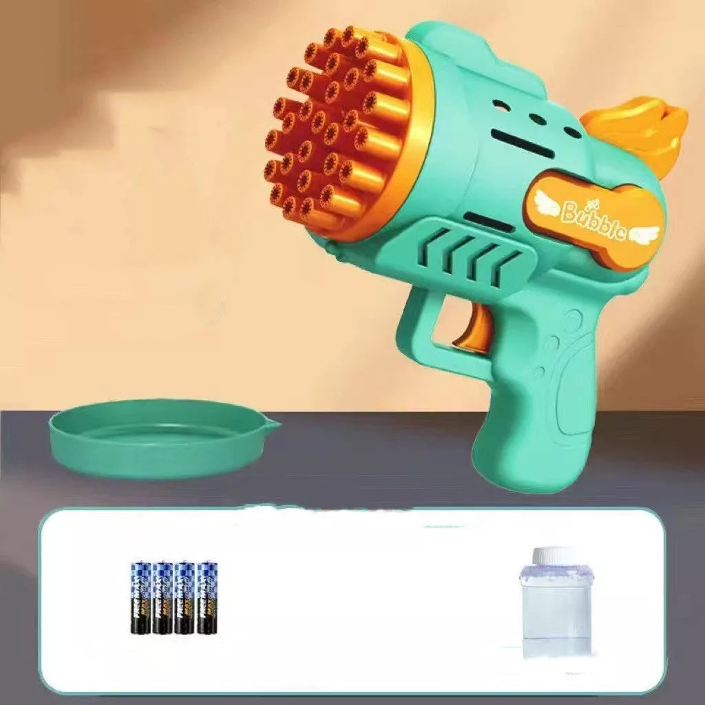 Luminous Bubble Gun Gatling Electric Toy for Kids in green, yellow, and blue