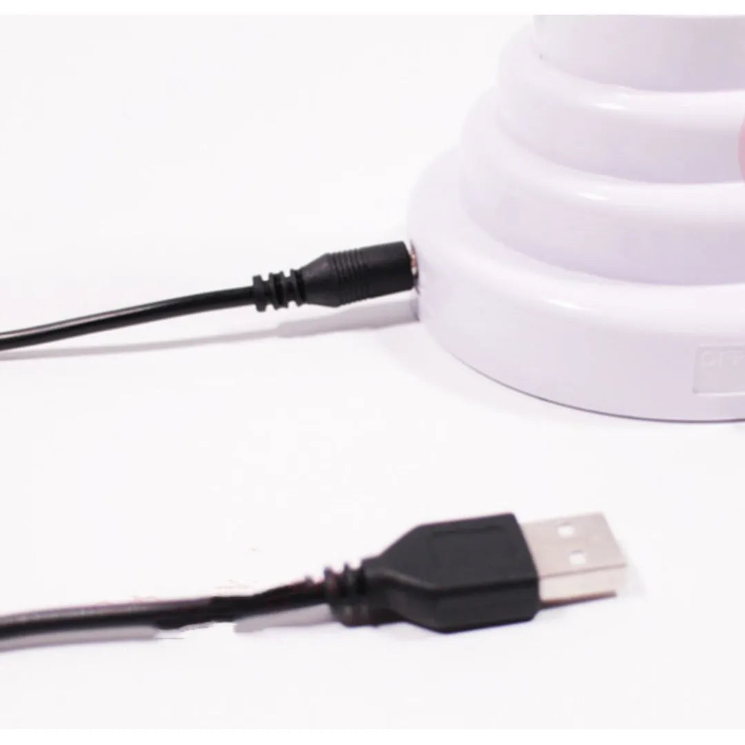 Handmade bamboo shape desktop lamp with white tube and green light, showing USB plug and two size options for indoor use