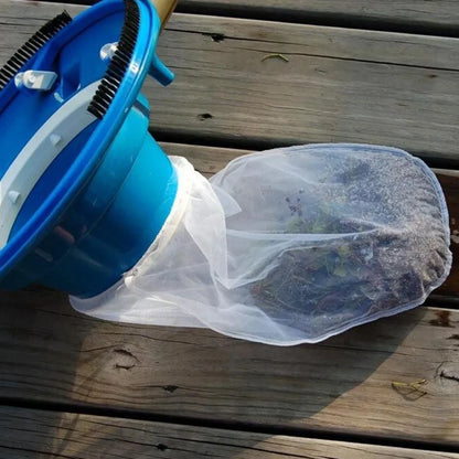 Blue swimming pool vacuum cleaner with suction head and mesh bag for garden hose attachment