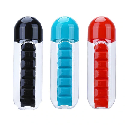 Black wrist capsule water cup showing integrated medicine compartment and safety buckle closure