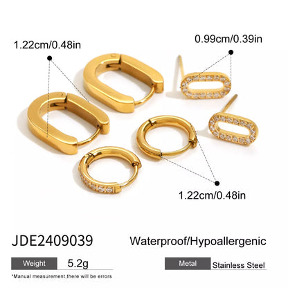 3Pair Rhinestone Cubic Zirconia Stud Earrings in stainless steel, waterproof and tarnish-resistant