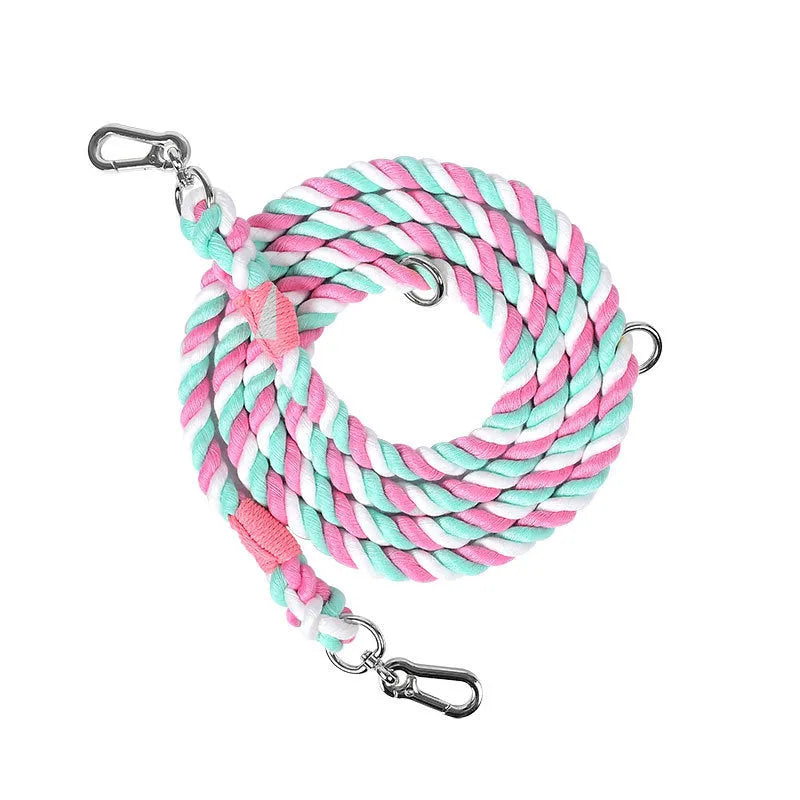 Woven rainbow pattern dog leash with double grip handles and a metal clasp.