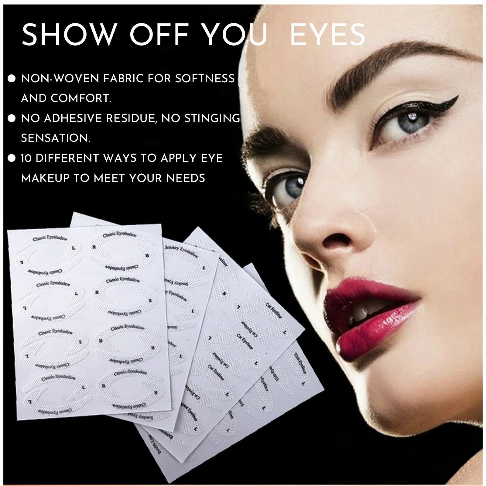 Four reusable eyeliner stencil templates on a pink background, showing winged and cat-eye designs for makeup application
