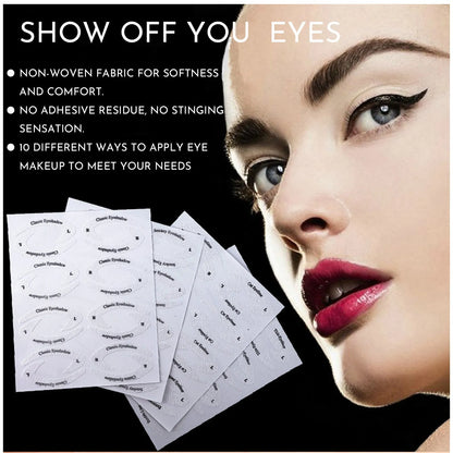 Four reusable eyeliner stencil templates on a pink background, showing winged and cat-eye designs for makeup application
