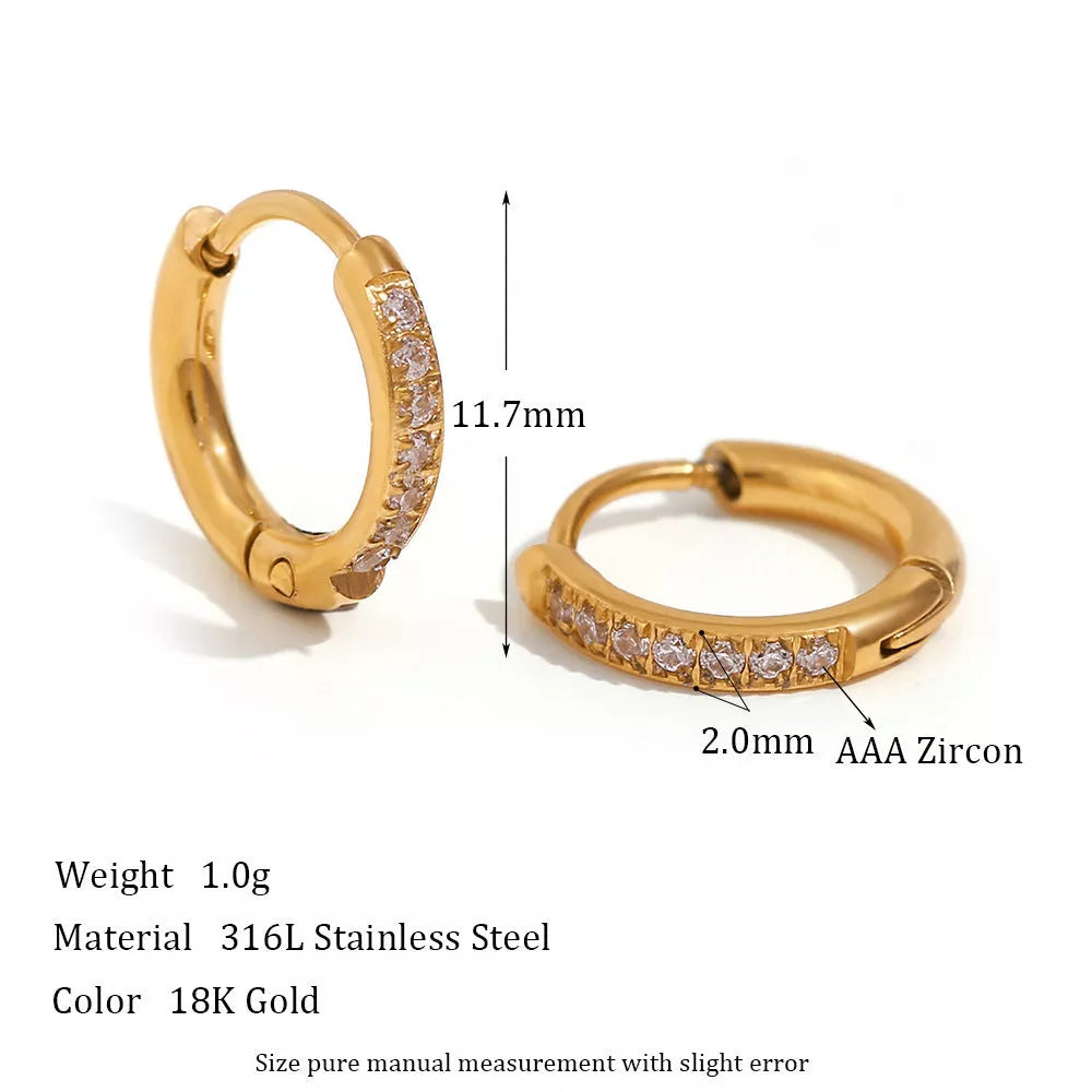 Women's titanium steel rounded edge zircon earrings in gold and steel finishes, sizes 10mm to 16mm