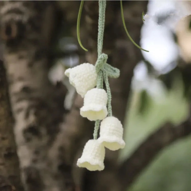 Green and white knitting wool car plant decoration with 8cm base and 25cm hanging rope