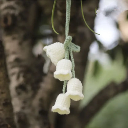 Green and white knitting wool car plant decoration with 8cm base and 25cm hanging rope