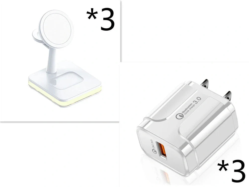 Black three-in-one wireless charger magnetic bracket on a desk charging multiple devices