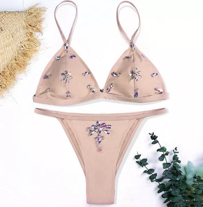 Women's pink diamond bikini set with push-up design and Brazilian low-waist cut