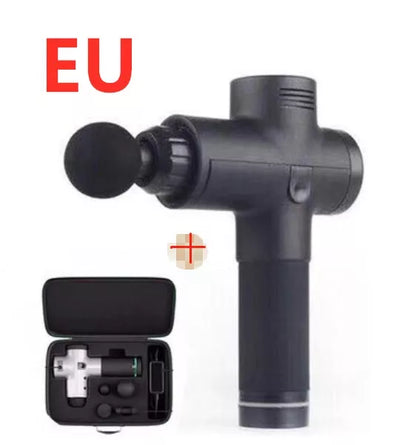 Relax Tissue Deep Muscle Massage Gun with 4 interchangeable heads on a white background