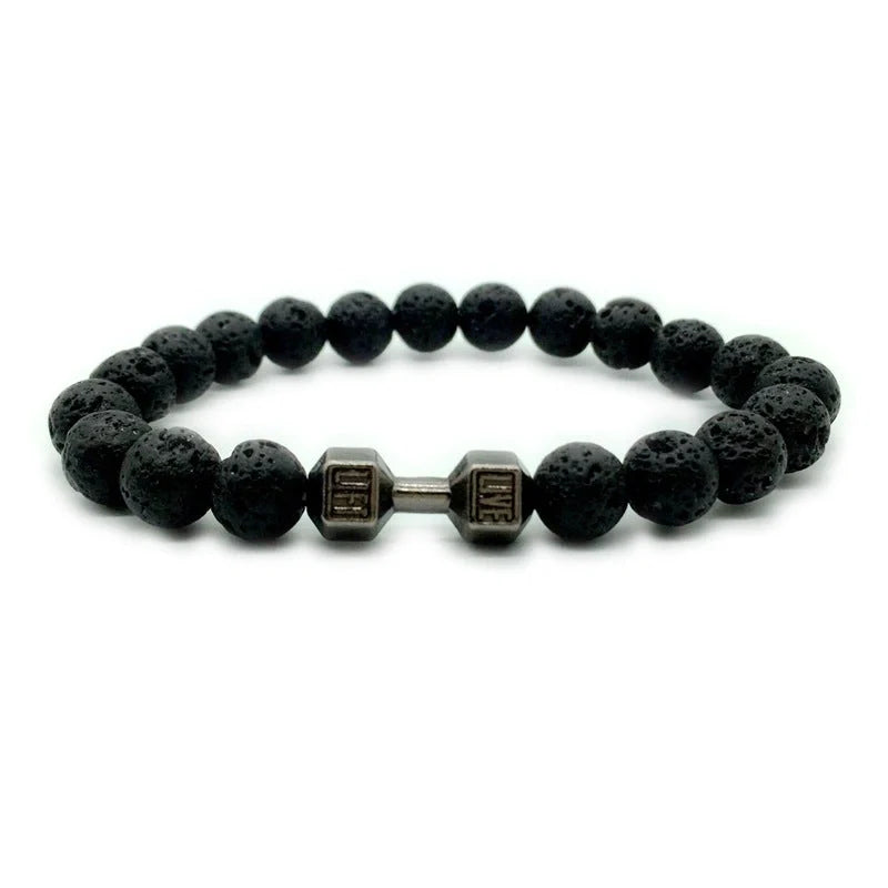 Men's fitness fashion bracelet with alloy dumbbell and lava rock beads, 18cm length, 20g weight