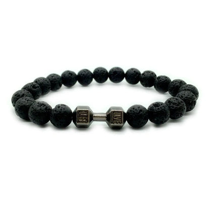 Men's fitness fashion bracelet with alloy dumbbell and lava rock beads, 18cm length, 20g weight