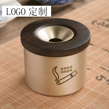 Creative retro brass ashtray with wooden lid on blackwood or rosewood, solid copper body, central hole design