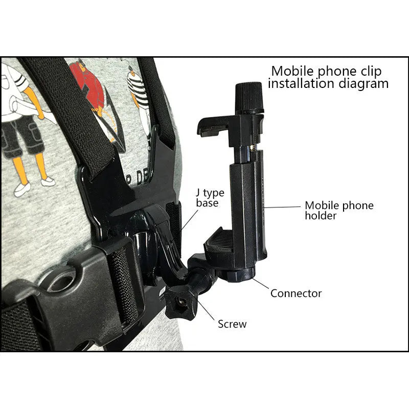 Black mobile phone chest mount harness with adjustable nylon straps and ABS phone clip for 4-5.5 inch smartphones