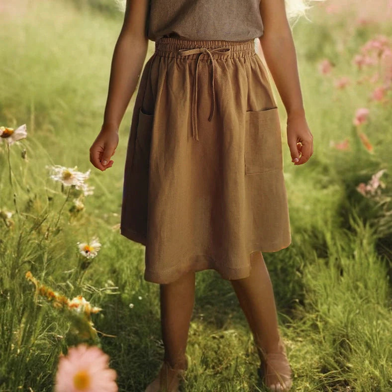 Mori Girl Style Tencel Linen A-Line Skirt for Children: Breathable Lyocell Fabric with Five Height Options from 90cm to 130cm for Comfortable All-Day Wear
