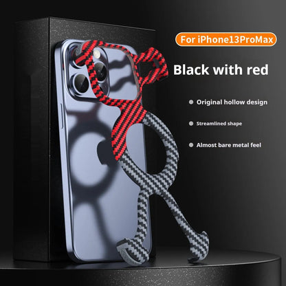 Carbon fibre grain magnetic frameless iPhone case in black and red, PC electroplated, for iPhone 13 14 15