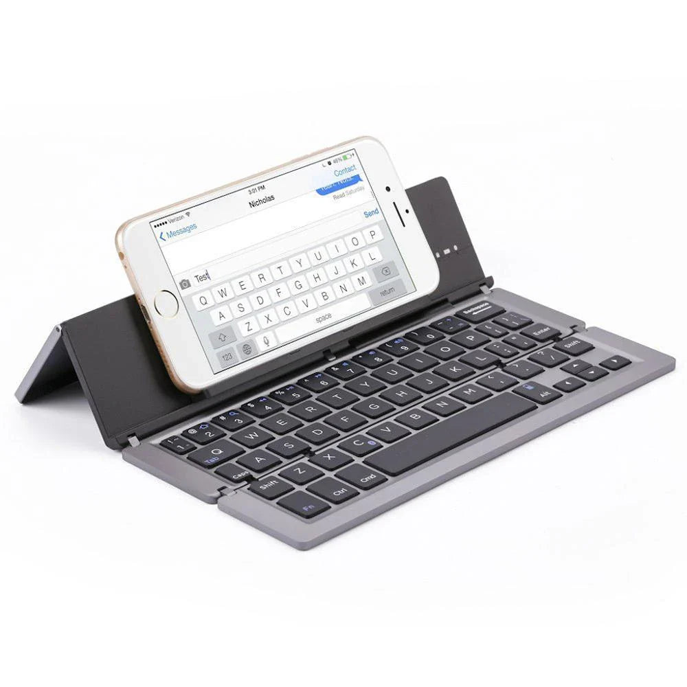 Foldable wireless Bluetooth keyboard with premium metal and ABS construction for seamless mobile productivity