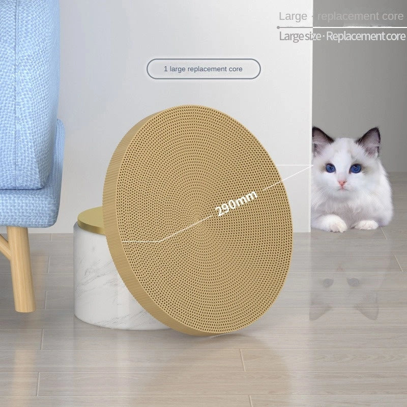 Round cat scratching board with removable pad and toy bell ball in navy blue