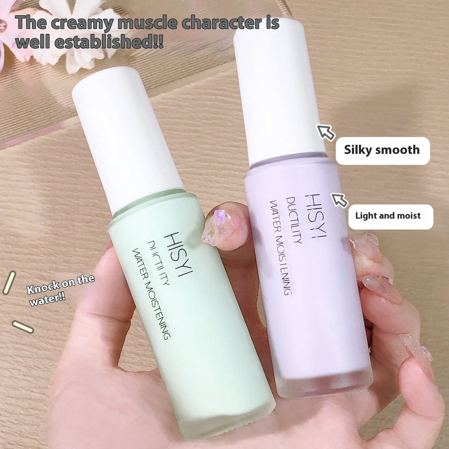 HISYI Silky Clear Makeup Primer bottle showing three shade options 01, 02, 03 for brightening skin.