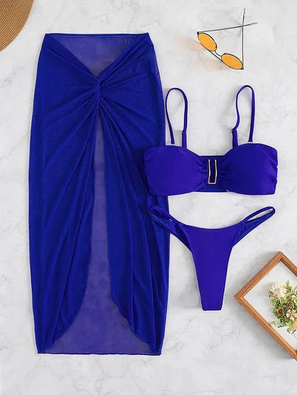 Three-piece bikini set with long culottes skirt in French style solid colour design