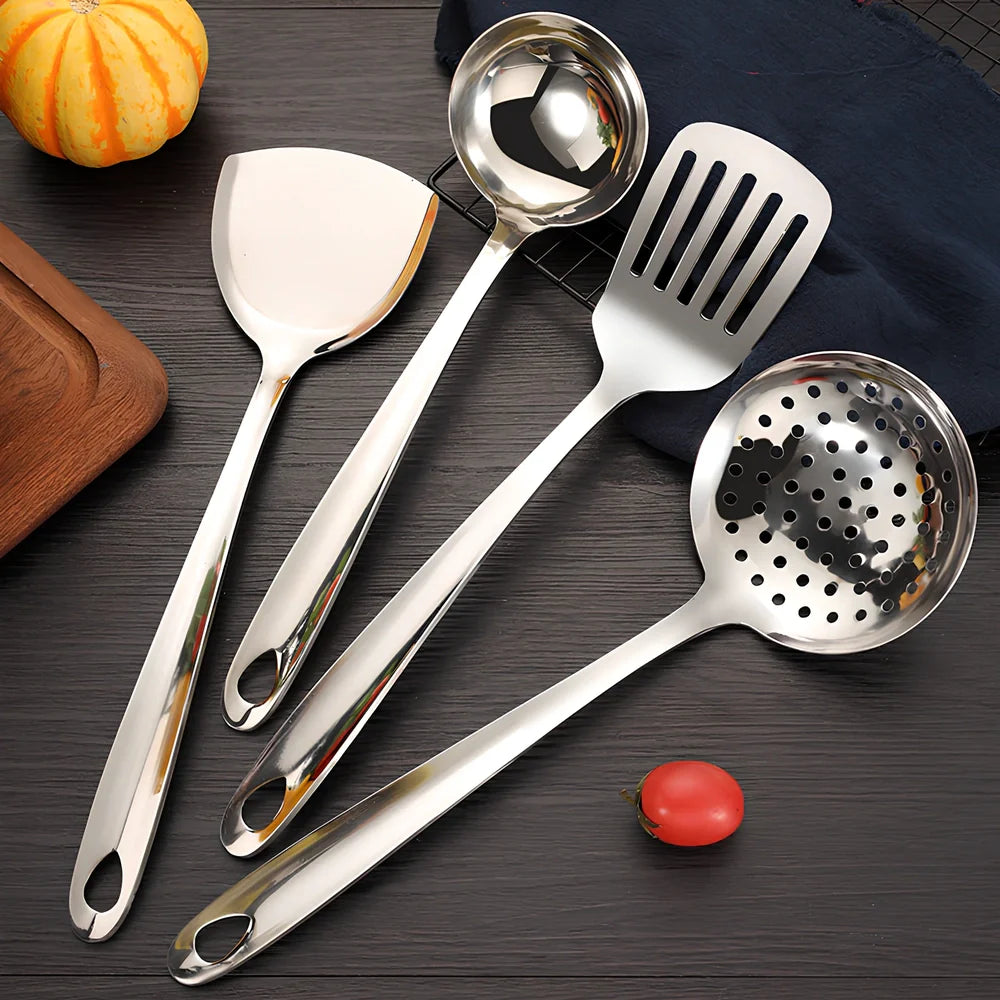 Thickened 430 stainless steel kitchen utensils set with seven tools including drain shovel and anti-slip handles