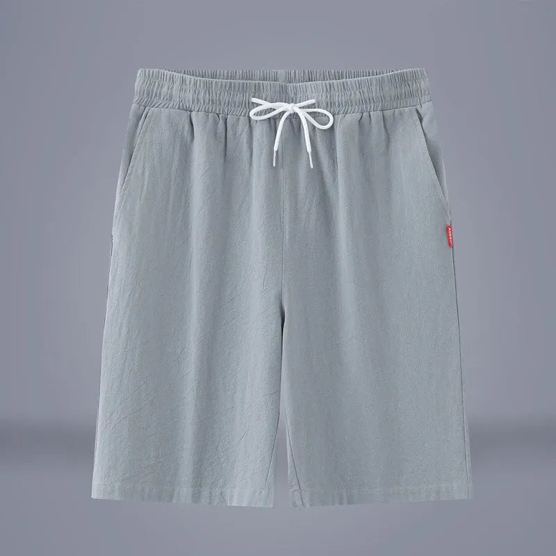 Chinese-style solid colour cropped pants with drawstring waist in cotton linen blend fabric