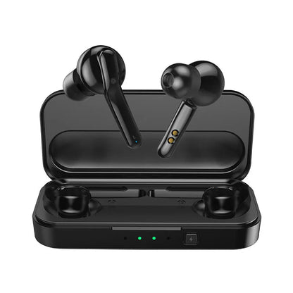 Black TWS wireless earbuds with charging case showing Bluetooth 5.0 and IPX5 waterproof features