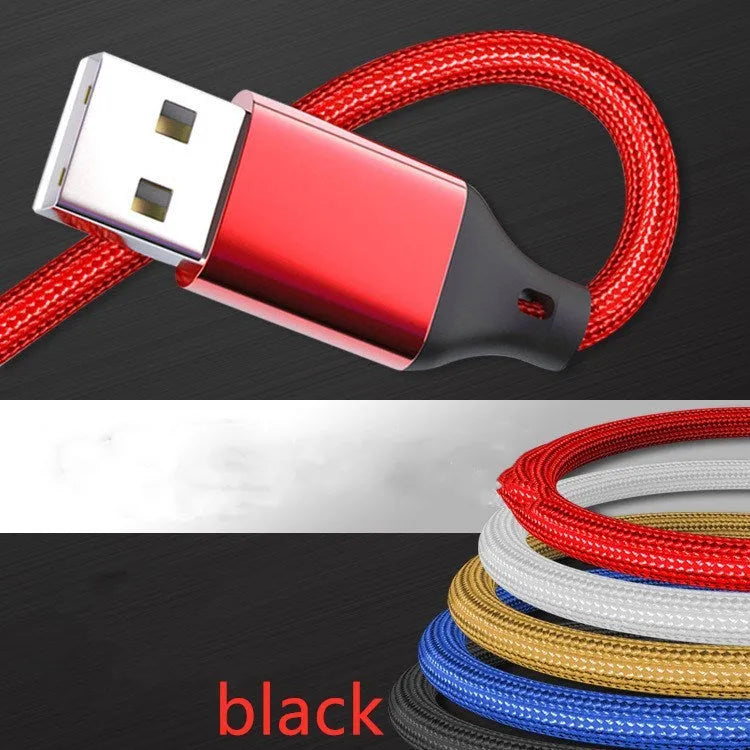 Three-in-one charging cable with nylon braid in red, blue, gold, black, silver, and rose gold colour options.