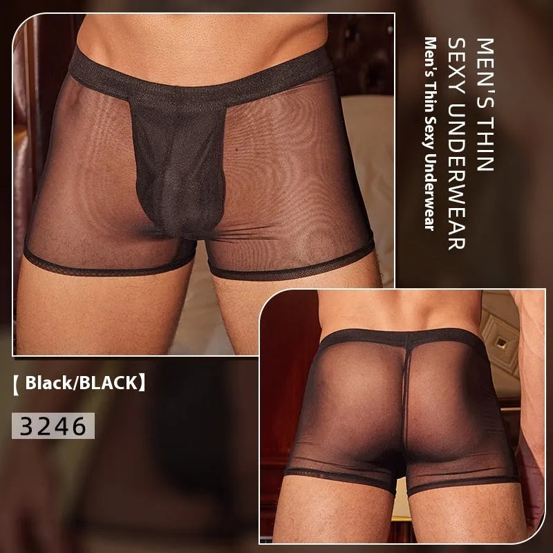Men's black breathable ultra-thin boxer briefs with elastic waistband and supportive pouch design