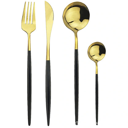 24-piece stainless steel cutlery set with mirror-polished finish showing six place settings in gold colour